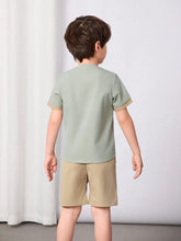 Young Boy Color Block Button Details Short Sleeve Top And Shorts Hanfu Outfit